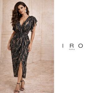 NEW IRO Gargas Wrap-effect Ruffled Printed lurex Sheer MIDI Dress
